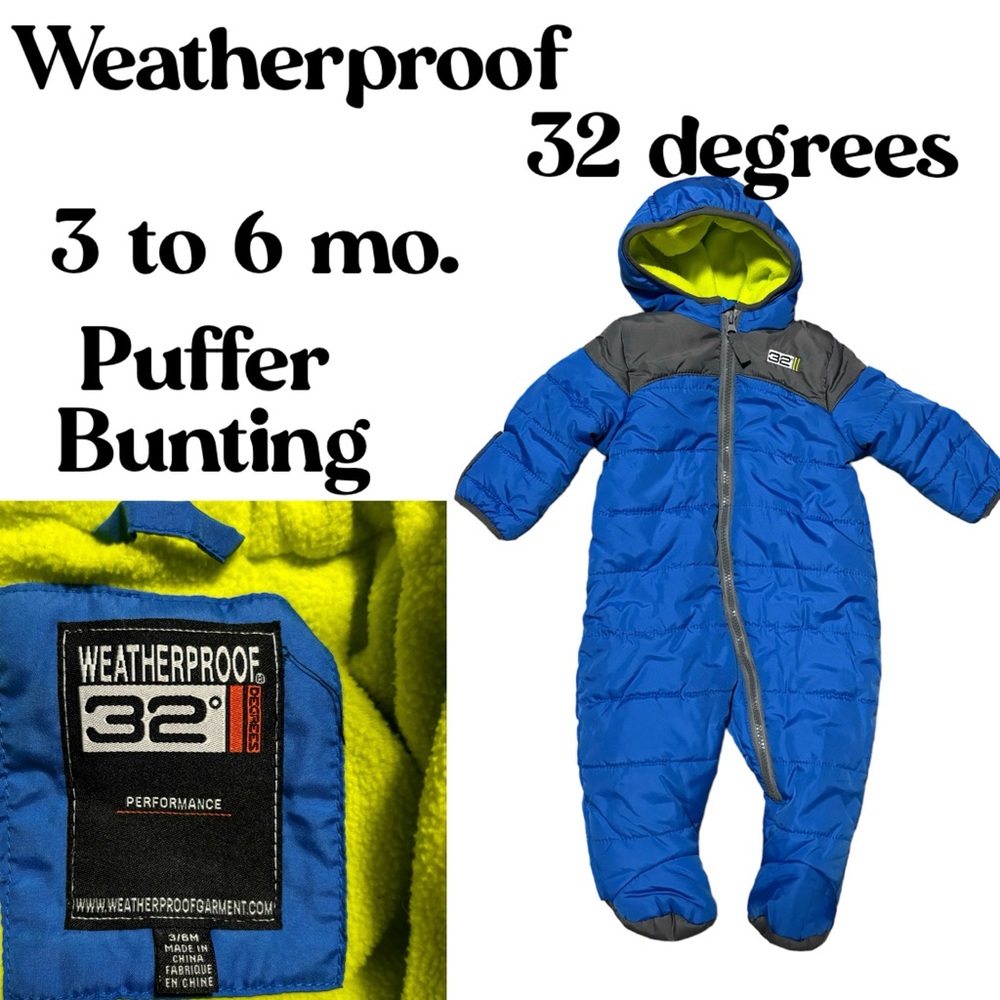 Weatherproof 32 degrees Puffer Baby Infant Bunting 3-6 mo Blue neon green